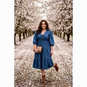 Böhme MAD310‑B Denim Tiered Puff Sleeve Dress XL Light Wash NWT